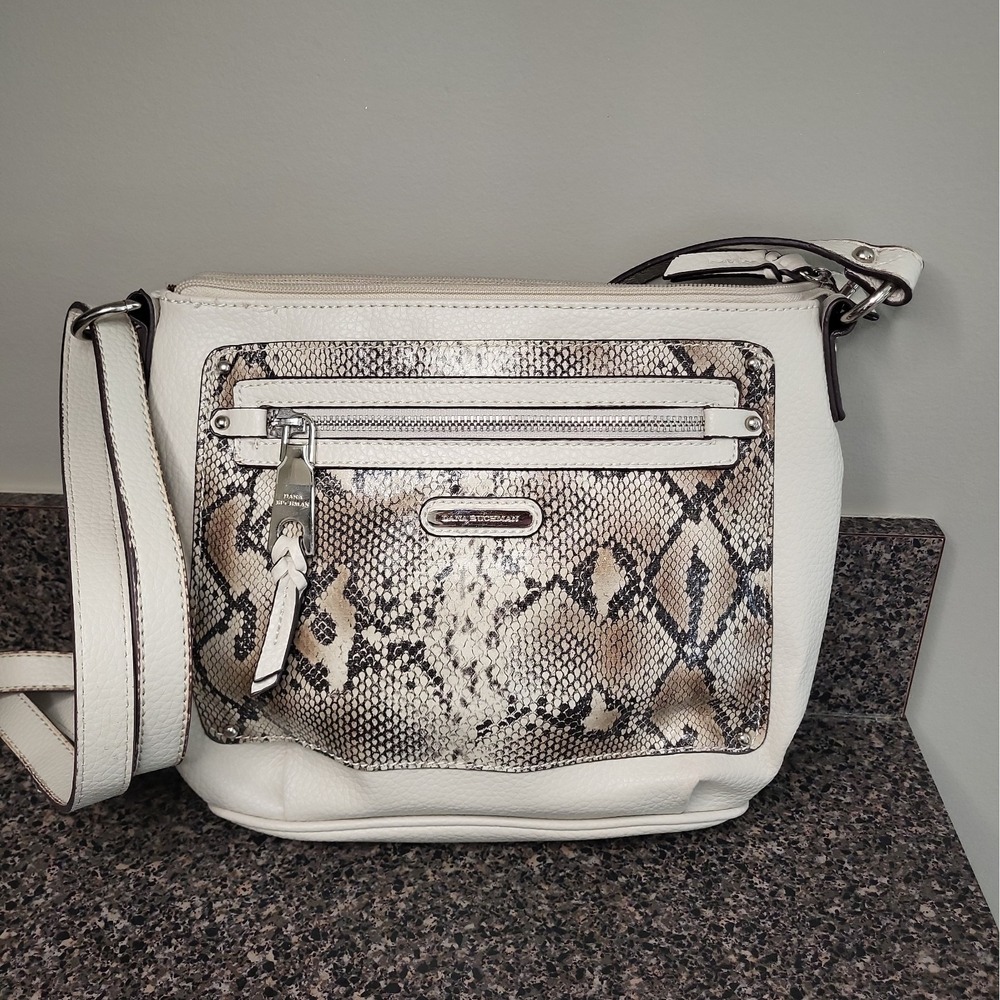 Dana Buchman Crossbody Bag Ivory Metallic Snakeskin Animal Print Organizer Purse